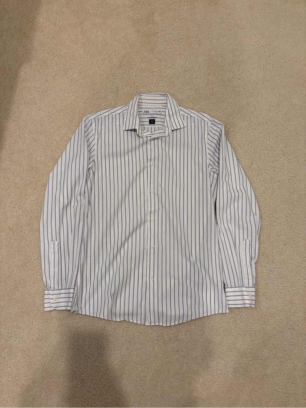 Men's White Button Up Classy Dressy Shirt with Blue Pinstripes - Zara